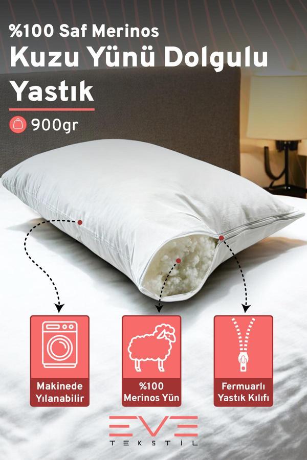 %100 Merinos Kuzu Yünlü Antialerjik Yıkanabilir Fermuarlı Doğal Yastık 50x70 Cm 900 Gr - Image 1
