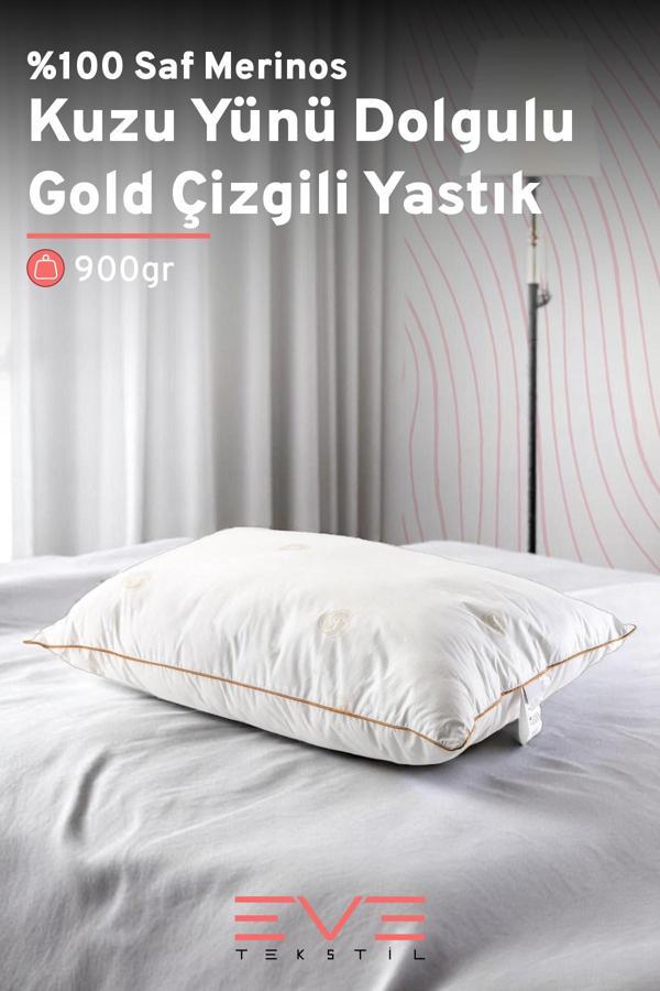 %100 Merinos Kuzu Yünlü Gold Çizgili Fermuarlı Doğal Yastık 50x70 Cm - Image 1