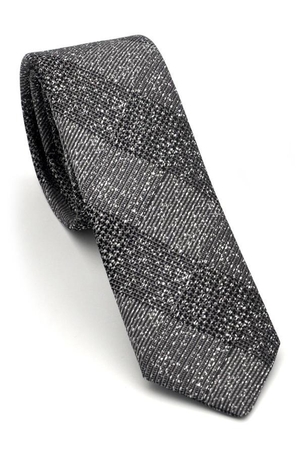 Füme Gri Verev Desenli Dokuma Kumaş Mendilli Slim Fit Kravat // SDK-240106 - Image 1