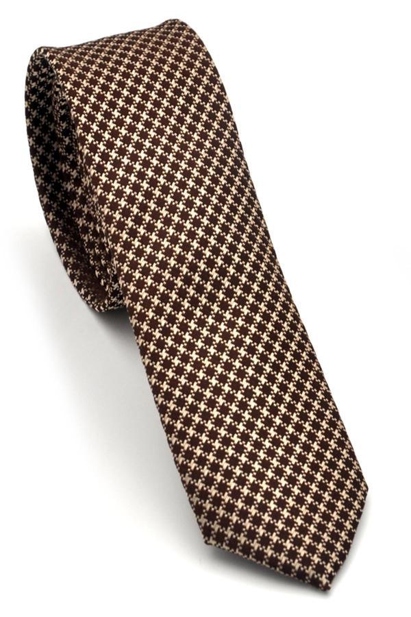 Bej Pöti Kare Desenli Kahverengi Dokuma Kumaş Mendilli Slim Fit Kravat // SDK-240108 - Image 1