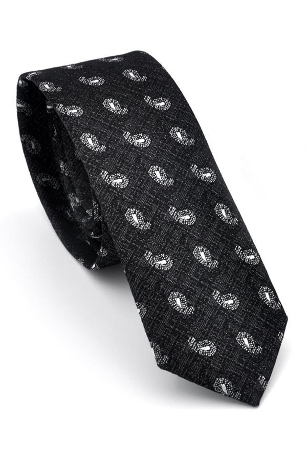 Beyaz Şal Desenli Siyah Dokuma Kumaş Mendilli Slim Fit Kravat // SDK-240809 - Image 1