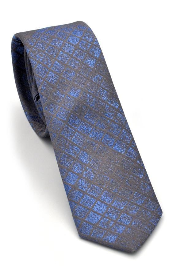 Mavi Kare Desenli Koyu Gri Dokuma Kumaş Mendilli Slim Fit Kravat // SDK-240104 - Image 1