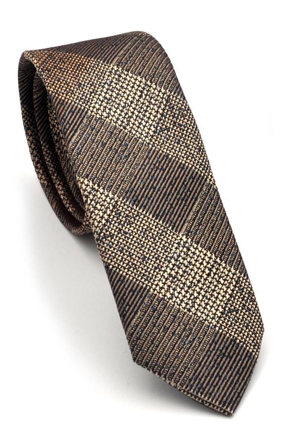 Kahverengi Bej Verev Desenli Dokuma Kumaş Mendilli Slim Fit Kravat // SDK-240107 - Image 1