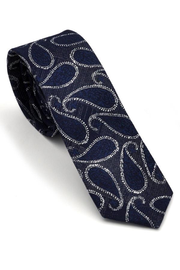 Füme Gri Şal Desenli Lacivert Dokuma Kumaş Mendilli Slim Fit Kravat  // SDK-240112 - Image 1