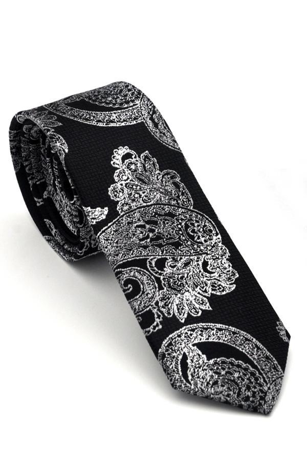 Füme Gri Şal Desenli Siyah Dokuma Kumaş Mendilli Slim Fit Kravat  // SDK-240114 - Image 1