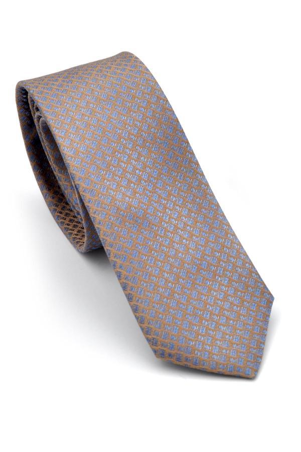 Mavi Küçük Kare Desenli Bej Dokuma Kumaş Mendilli Slim Fit Kravat // SDK-240811 - Image 1