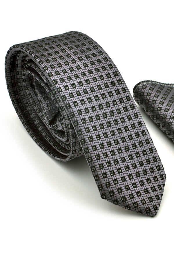 Siyah Pöti Kareli Füme Dokuma Kumaş Mendilli Slim Fit Kravat  / SDK-220703 - Image 1