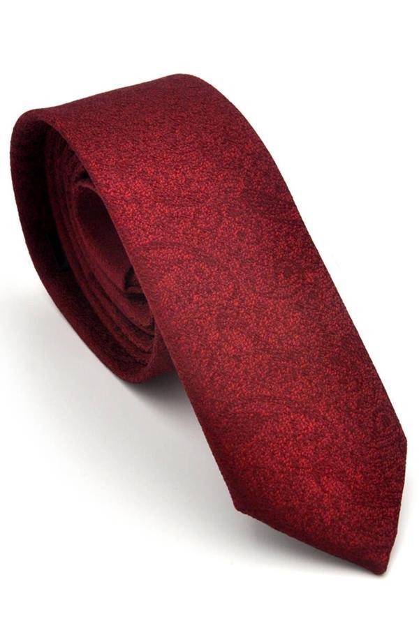 Bordo Şal Desenli Dokuma Kumaş Mendilli Slim Fit Kravat  / SDK-230203 - Image 1