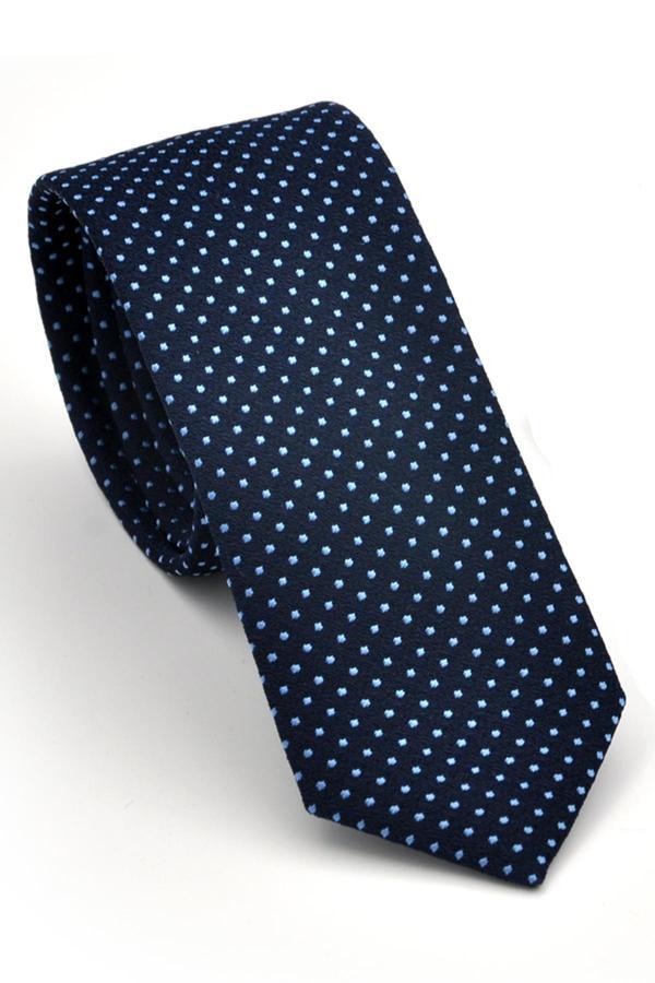 Mavi Noktalı Puantiye Desenli Lacivert Dokuma Kumaş Mendilli Slim Fit Kravat // SDK230915 - Image 1