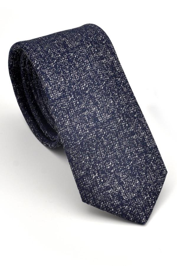 Füme Gri Kırcıl Desenli Lacivert Dokuma Kumaş Mendilli Slim Fit Kravat // SDK230917 - Image 1