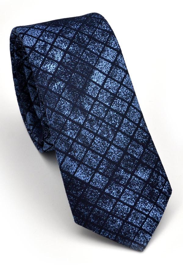 Mavi Lacivert Küp Desenli Dokuma Kumaş Mendilli Slim Fit Kravat // SDK230909 - Image 1