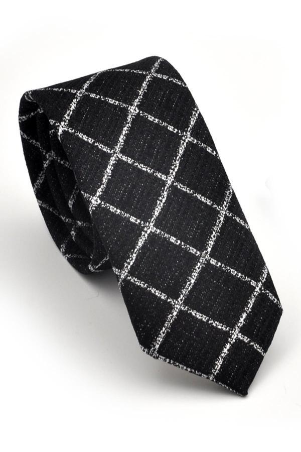 Gri Kare ve Kırcıllı Desenli Siyah Dokuma Kumaş Mendilli Slim Fit Kravat // SDK230911 - Image 1