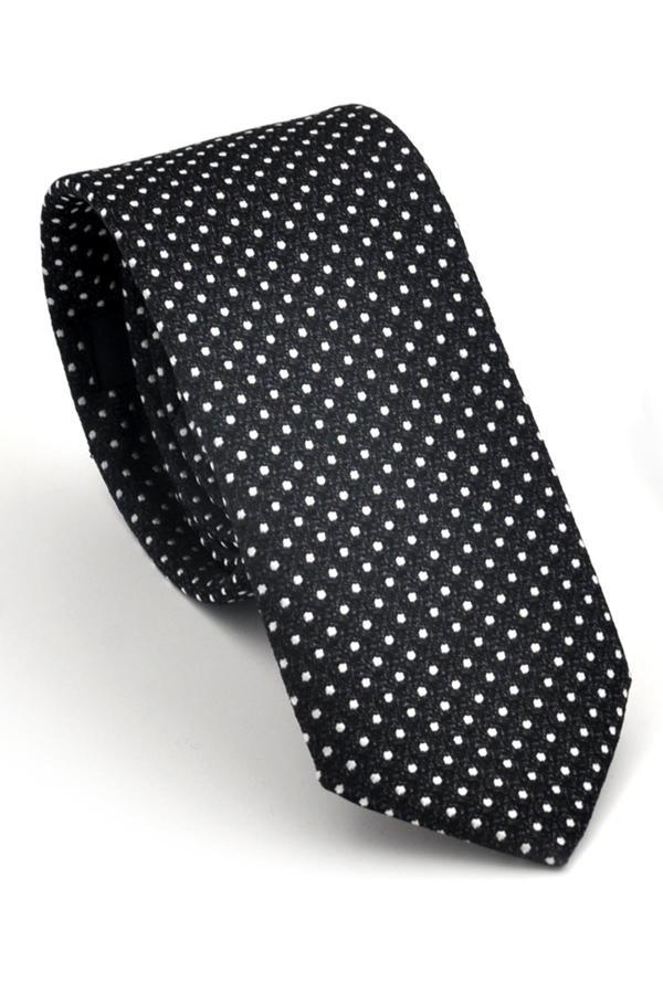 Beyaz Noktalı Puantiye Desenli Siyah Dokuma Kumaş Mendilli Slim Fit Kravat // SDK230913 - Image 1