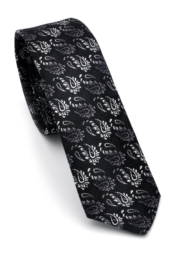 Beyaz ve Füme Şal Desenli Siyah Dokuma Kumaş Mendilli Slim Fit Kravat // SDK-240806 - Image 1