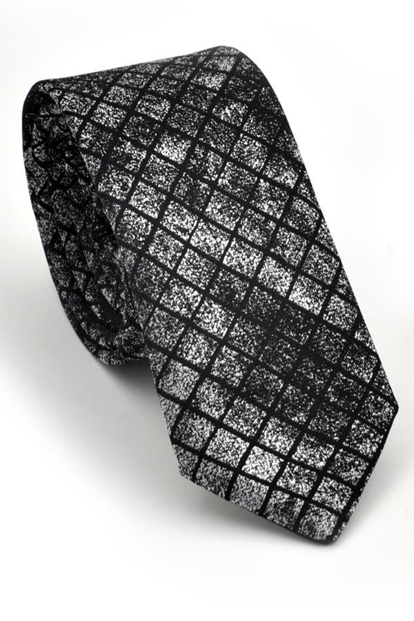 Gri Siyah Küp Desenli Dokuma Kumaş Mendilli Slim Fit Kravat // SDK230910 - Image 1
