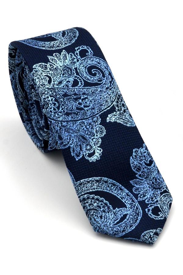 Mavi Şal Desenli Lacivert Dokuma Kumaş Mendilli Slim Fit Kravat  // SDK-240113 - Image 1