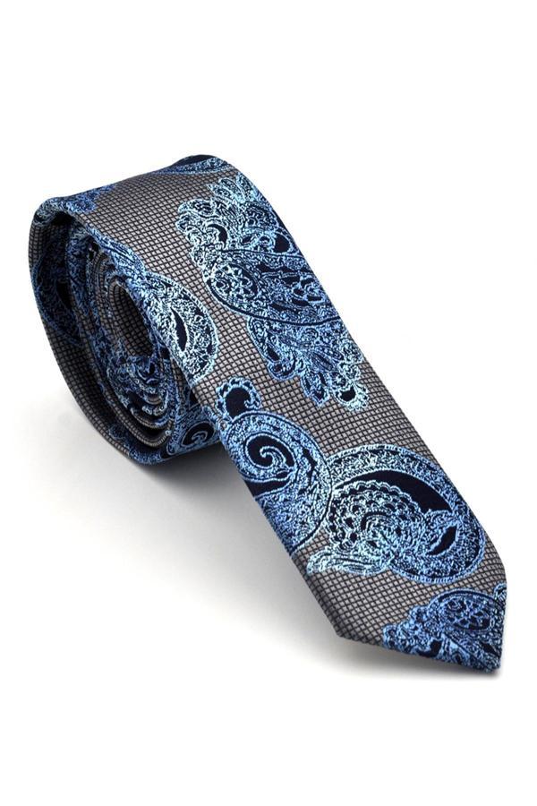 Mavi Lacivert Şal Desenli Gri Dokuma Kumaş Mendilli Slim Fit Kravat  // SDK-240115 - Image 1