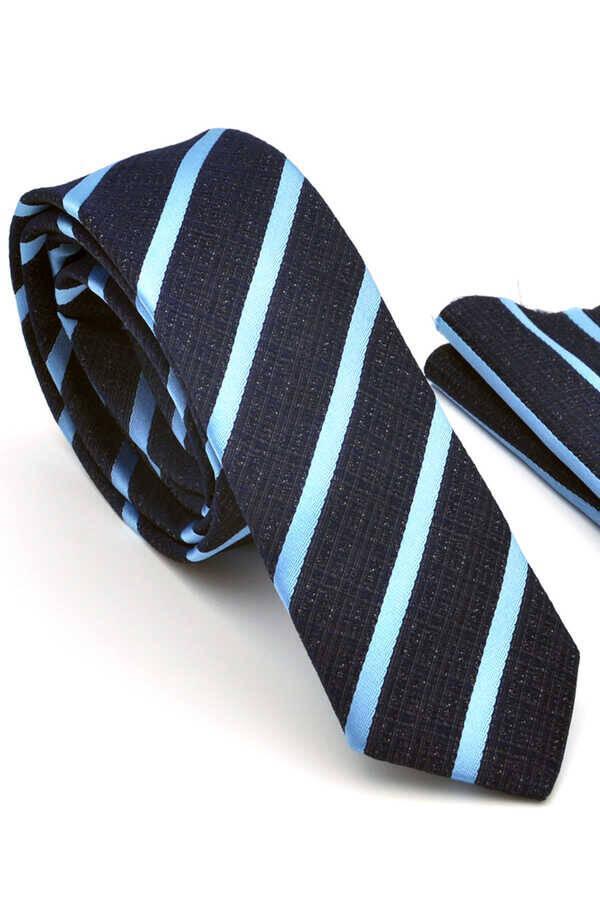 Mavi Verev Çizgili Lacivert Dokuma Kumaş Mendilli Slim Fit Kravat  / SDK-220702 - Image 1