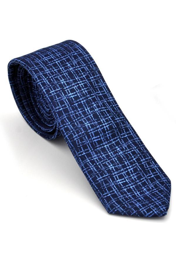 Mavi Desenli Lacivert Dokuma Kumaş Mendilli Slim Fit Kravat // SDK-240110 - Image 1