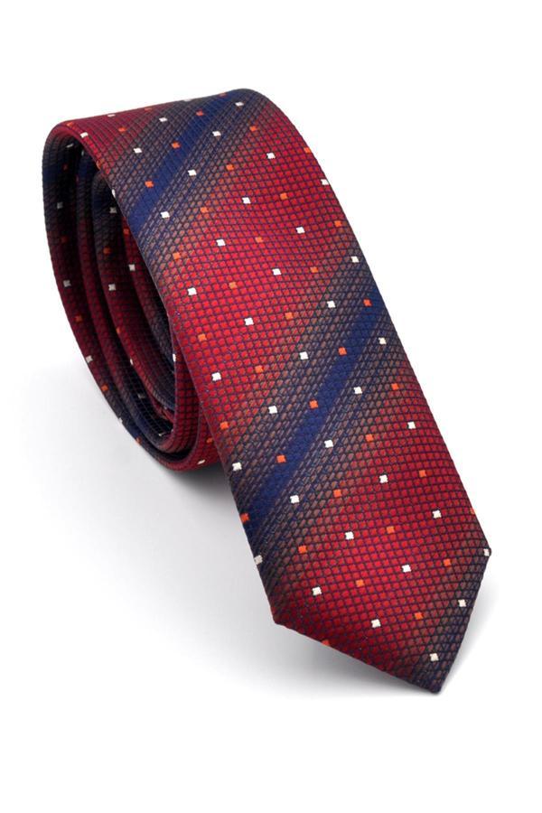 Bordo Kahverengi ve Lacivert Verev Desenli Dokuma Kumaş Mendilli Slim Fit Kravat // SDK-240802 - Image 1