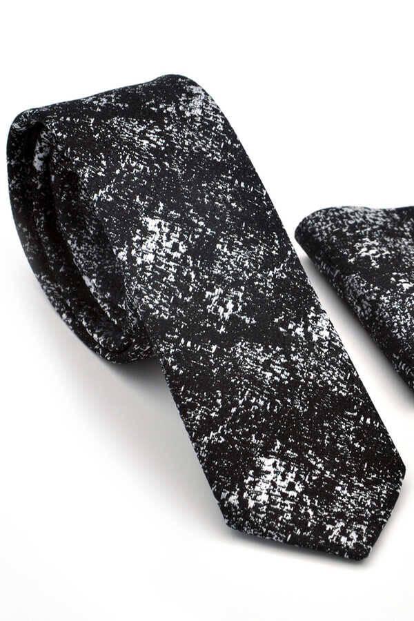Beyaz Motif Desenli Siyah Dokuma Kumaş Mendilli Slim Fit Kravat  / SDK-220715 - Image 1