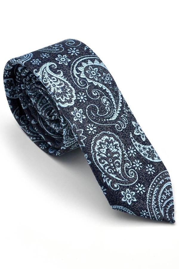 Mavi Şal Desenli Lacivert Dokuma Kumaş Mendilli Slim Fit Kravat  / SDK-230205 - Image 1