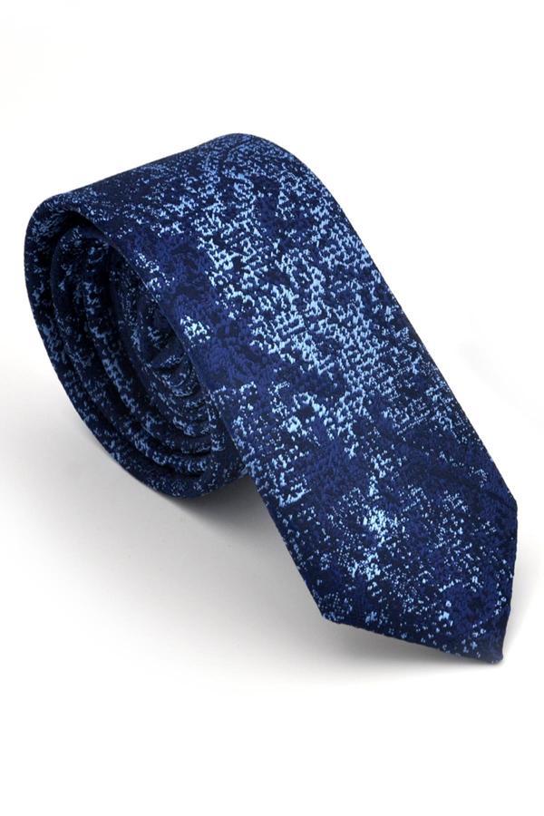 Mavi Lacivert Karışık Desenli Dokuma Kumaş Mendilli Slim Fit Kravat // SDK230907 - Image 1