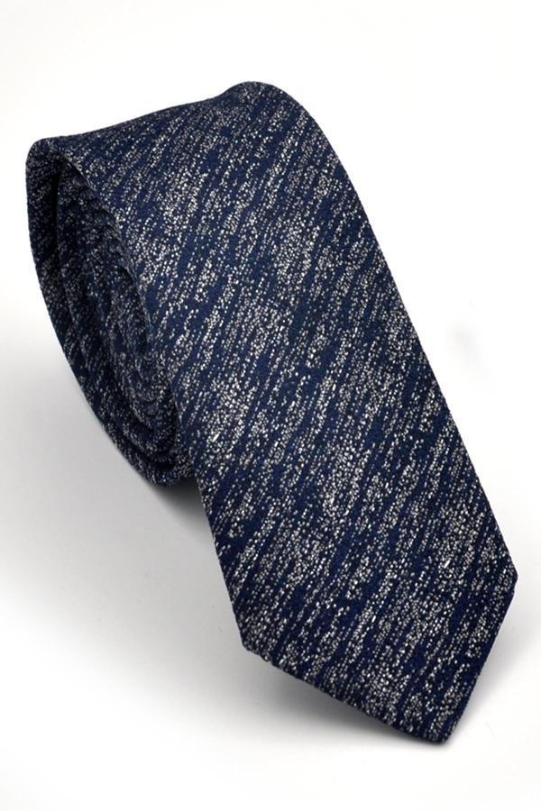 Füme Gri Kırcıl Desenli Lacivert Dokuma Kumaş Mendilli Slim Fit Kravat // SDK230919 - Image 1