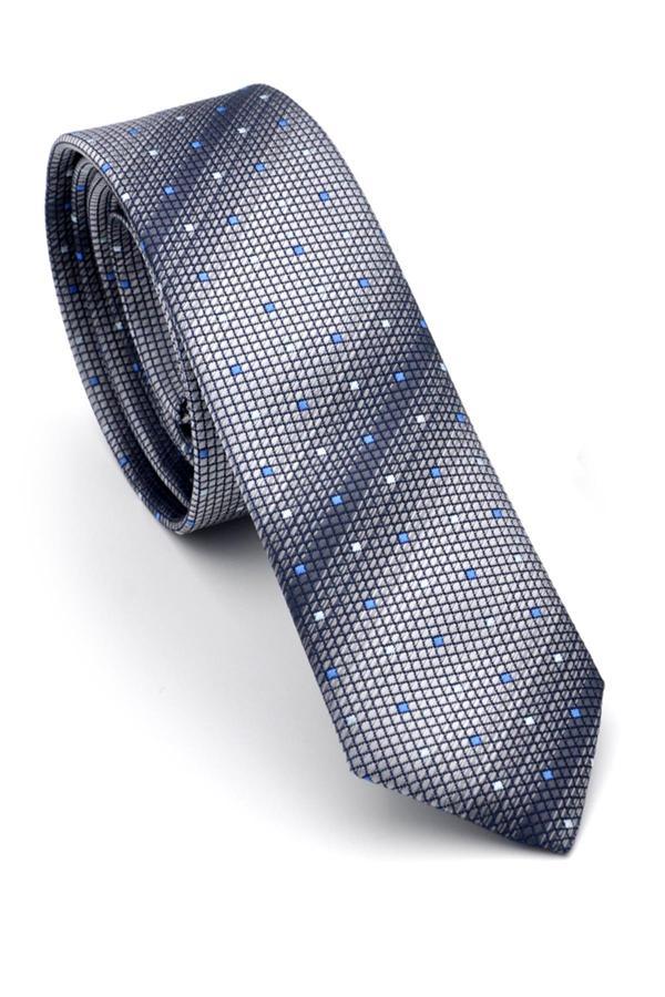 Gri ve Füme Verev Desenli Dokuma Kumaş Mendilli Slim Fit Kravat // SDK-240804 - Image 1
