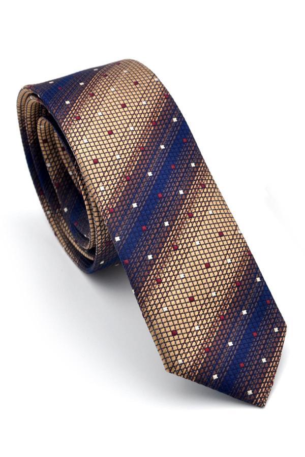 Bej Kahverengi ve Lacivert Verev Desenli Dokuma Kumaş Mendilli Slim Fit Kravat // SDK-240801 - Image 1