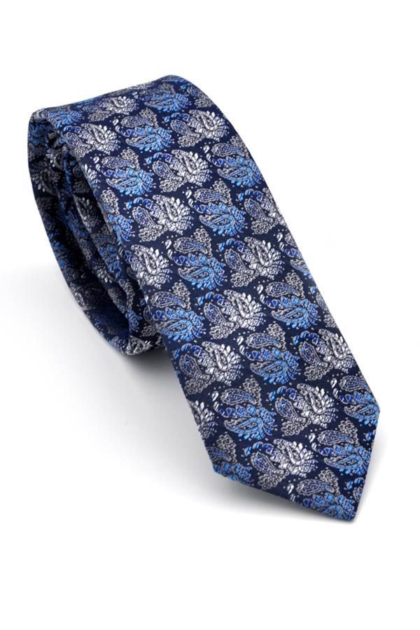 Gri ve  Mavi Şal Desenli Lacivert Dokuma Kumaş Mendilli Slim Fit Kravat // SDK-240805 - Image 1
