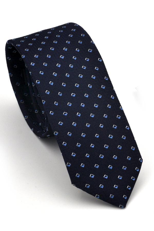 Mavi Desenli Lacivert Dokuma Kumaş Mendilli Slim Fit Kravat // SDK230902 - Image 1