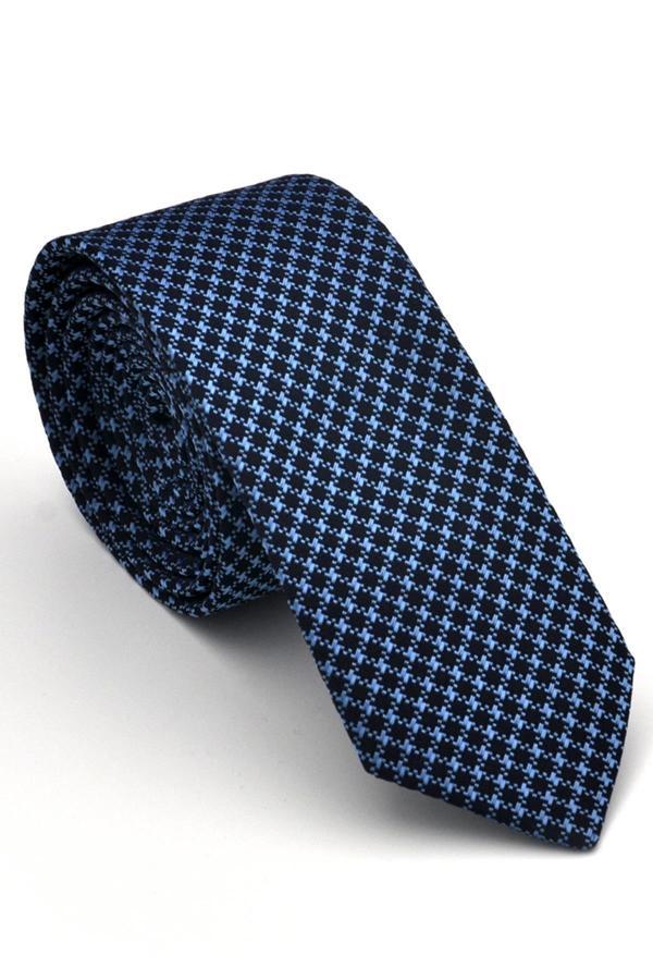 Mavi Kaz Ayağı Desenli Lacivert Dokuma Kumaş Mendilli Slim Fit Kravat // SDK230904 - Image 1