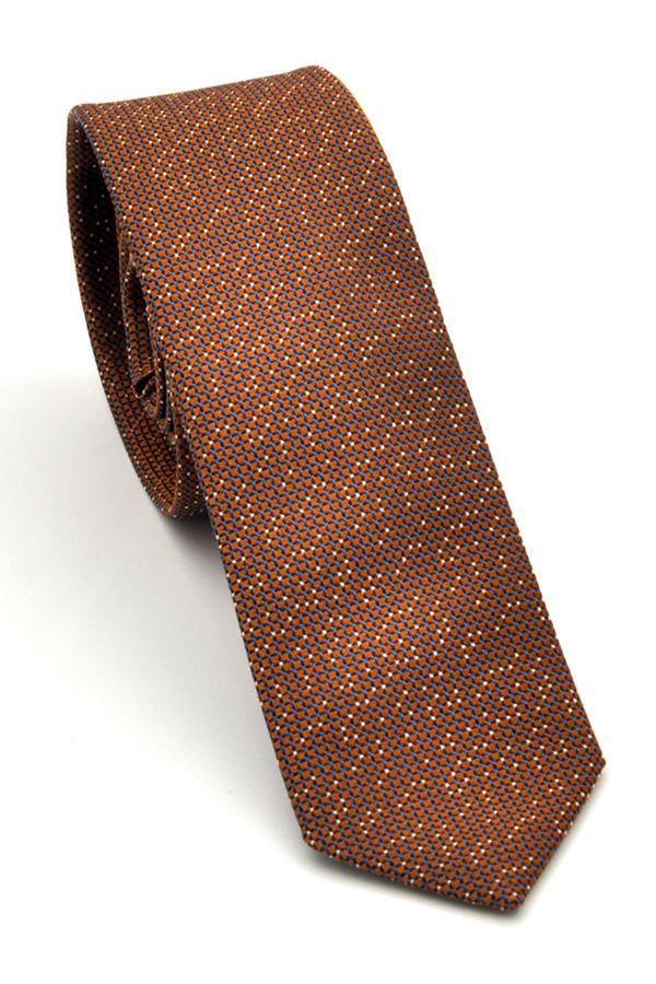 Beyaz Noktalı Mavi Kareli Kahverengi Dokuma Kumaş Mendilli Slim Fit Kravat // SDK-240101 - Image 1