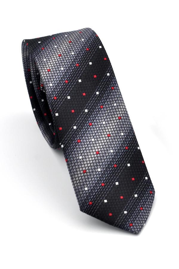Gri Füme ve Siyah Verev Desenli Dokuma Kumaş Mendilli Slim Fit Kravat // SDK-240803 - Image 1