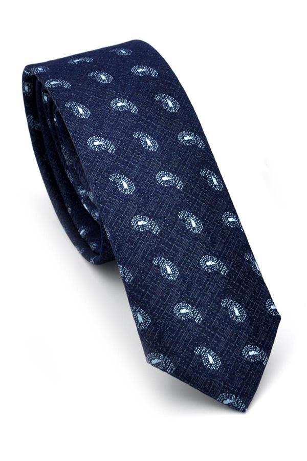 Mavi Şal Desenli Lacivert Dokuma Kumaş Mendilli Slim Fit Kravat // SDK-240808 - Image 1