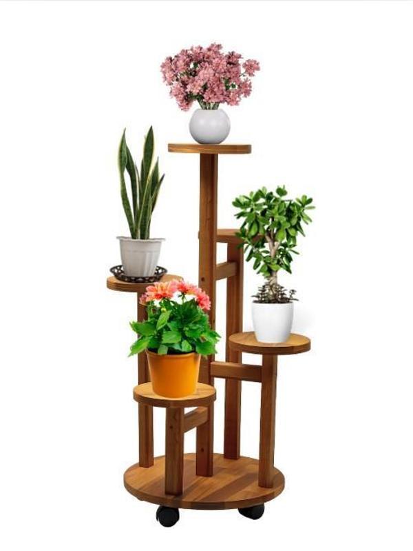 Tekerlekli Çiçeklik 5 Raflı Saksılık Dekoratif 5 Raflı Çiçeklik Doğal Ahşap Saksılık Çiçek Rafı Daire Model - Image 1