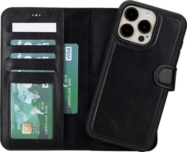 Apple iPhone 15 Pro Max Uyumlu Deri Cüzdanlı Kılıf MWWN RST1 Siyah - Image 1