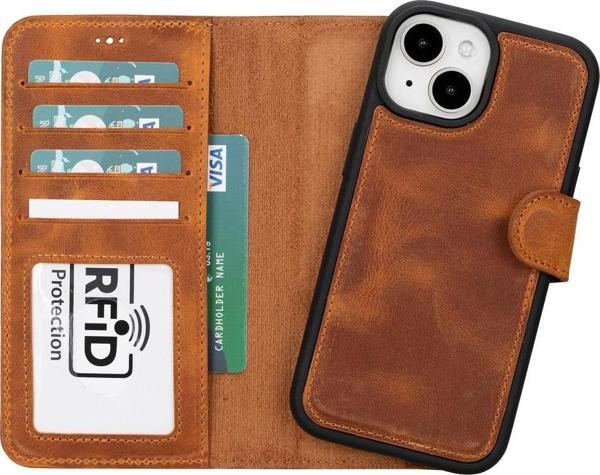 Apple iPhone 15 Uyumlu Deri Cüzdanlı Kılıf MWWN G19 Taba - Image 1