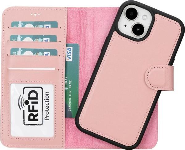 Apple iPhone 15 Uyumlu Deri Cüzdanlı Kılıf MWWN NU2 Pembe - Image 1