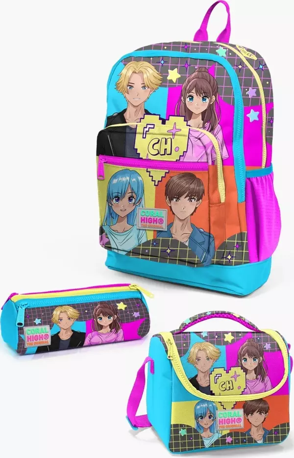 Coral High Kids Gri Mavi Pembe Anime Desenli 3’lü Okul Çanta Seti SET0123737 - Image 1