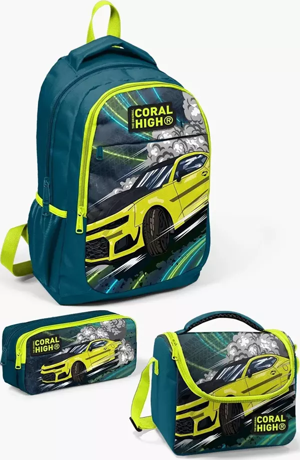 Coral High Kids Nefti Fosforlu Sarı Araba Desenli 3’lü Okul Çanta Seti SET0114406 - Image 1