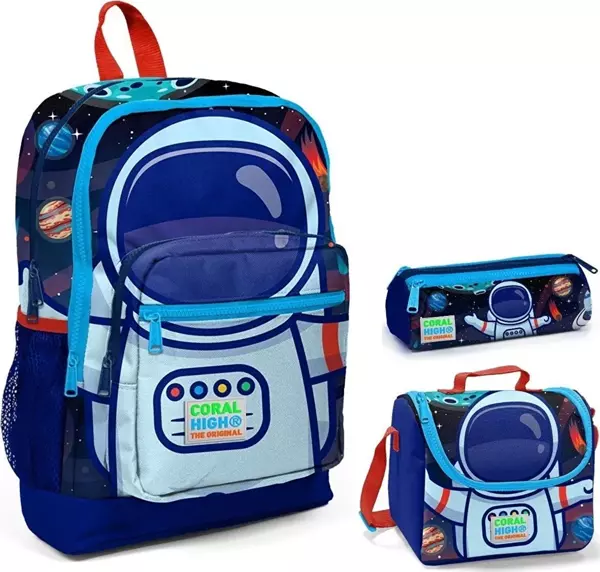 Coral High Mavi Astronot Baskılı Erkek Çocuk 3'lü Ilkokul Çanta Seti - Image 1