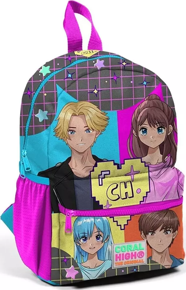 Coral High Minik Yuva Sırt Çantası Gri Mavi Pembe Anime Desenli Iki Bölmeli - Image 1