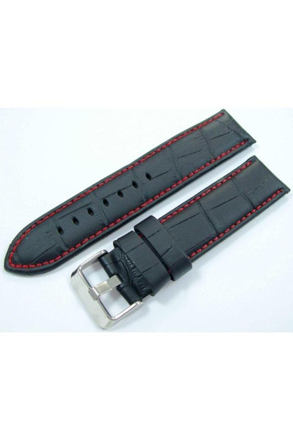 Ezgi Elektronik Bizon Deri Saat Kayışı 24Mm Kordon Siyah Kırmızı Dikişli Kroko B - Image 1