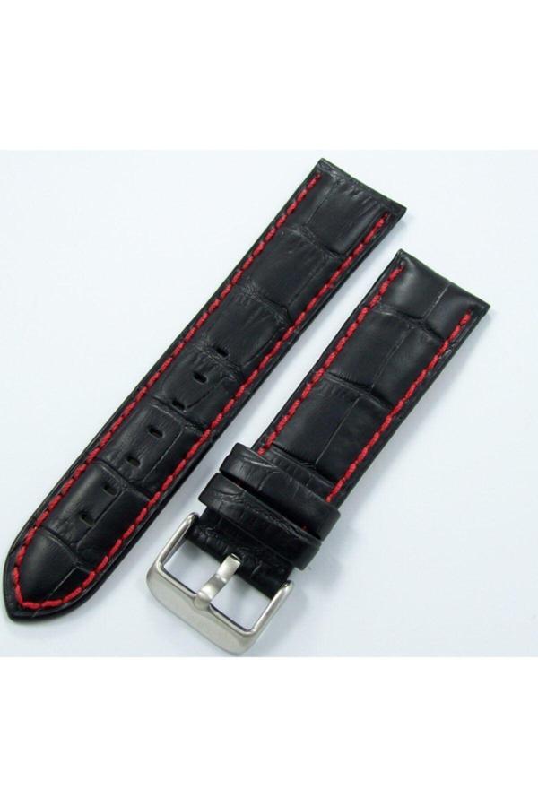 Ezgi Elektronik Bizon Deri Saat Kordonu 26Mm Siyah Kayışı Kırmızı Dikişli Krokodi - Image 1
