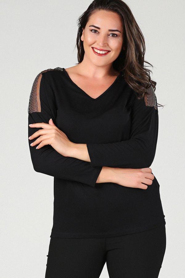 Curvy Trend Omuz Zincir Tül Uzun Kol Bluz - Image 1