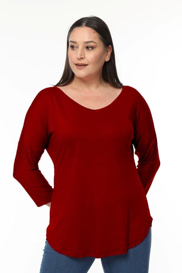 Curvy Trend Büyük Beden Geniş V Yaka Yarım Kol Oval Yırtmaç Bluz - Image 1