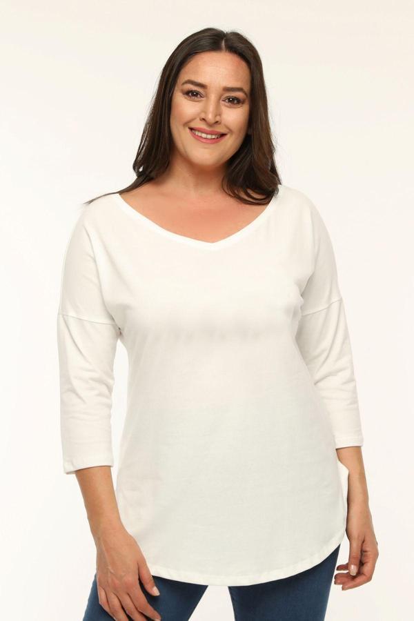 Curvy Trend Büyük Beden Geniş V Yaka Yarım Kol Oval Yırtmaç Bluz - Image 1