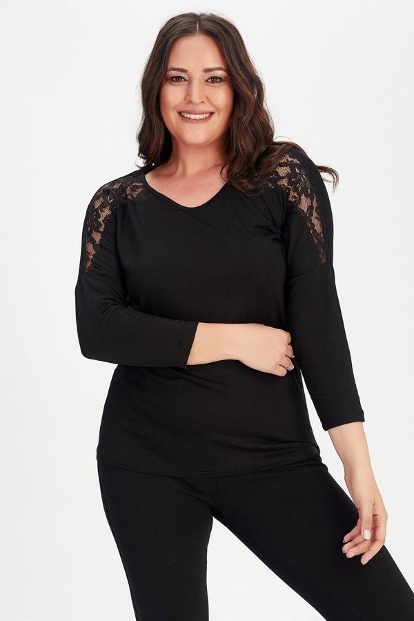 Curvy Trend Büyük Beden Roba Dantel Detaylı Uzun Kol Bluz - Image 1